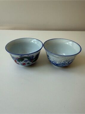 Pair of Decorative Porcelain Tea Cups in Blue and Multicolor